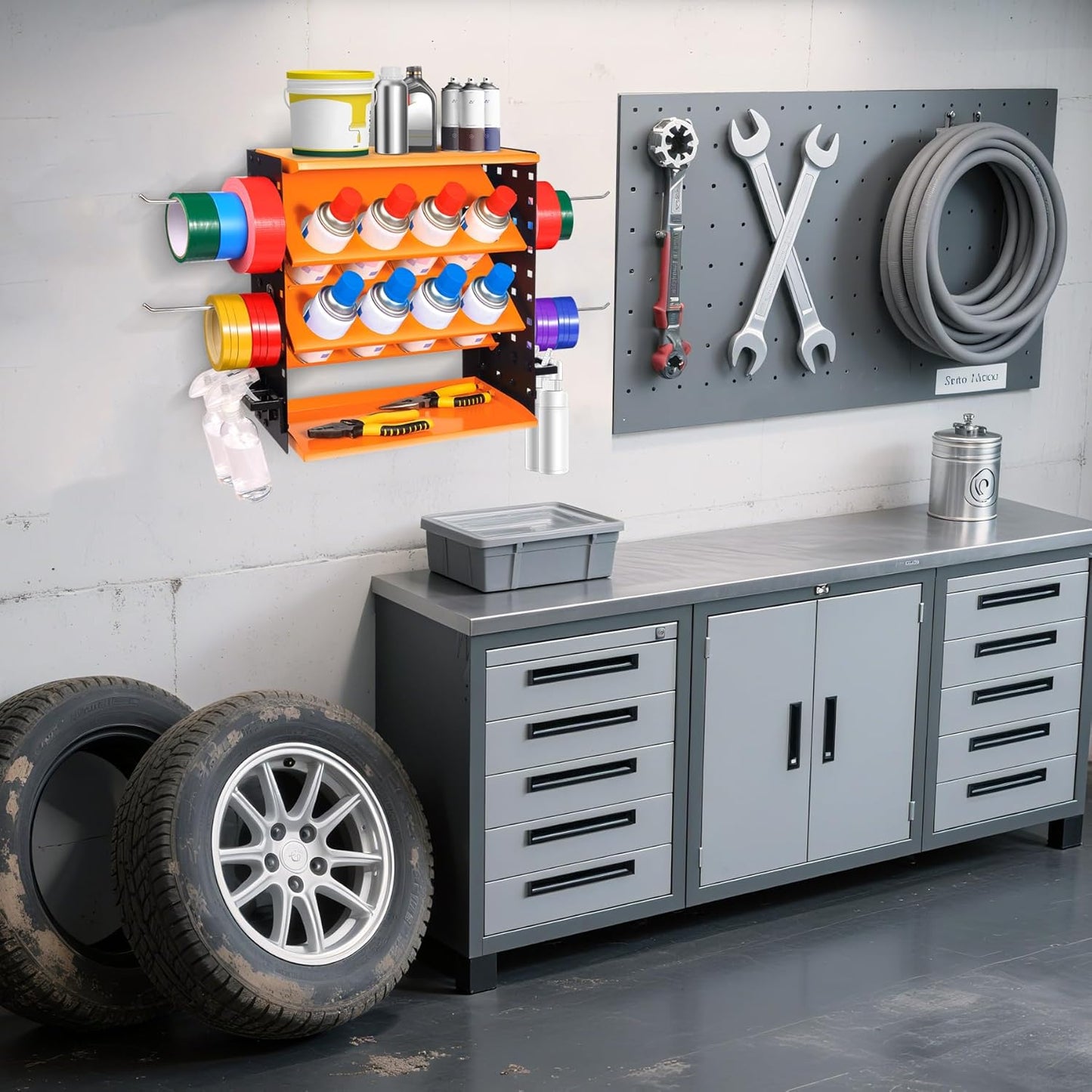 Heavy Duty Metal Spray Can Holder - Wall Mount or Countertop Spray Bottle Lube Can Organizer for Garage & Home & Workshop, Peg Board on Both Sides | 8 Can Holes & 6 Steel Hooks, 5 Plastic Hooks