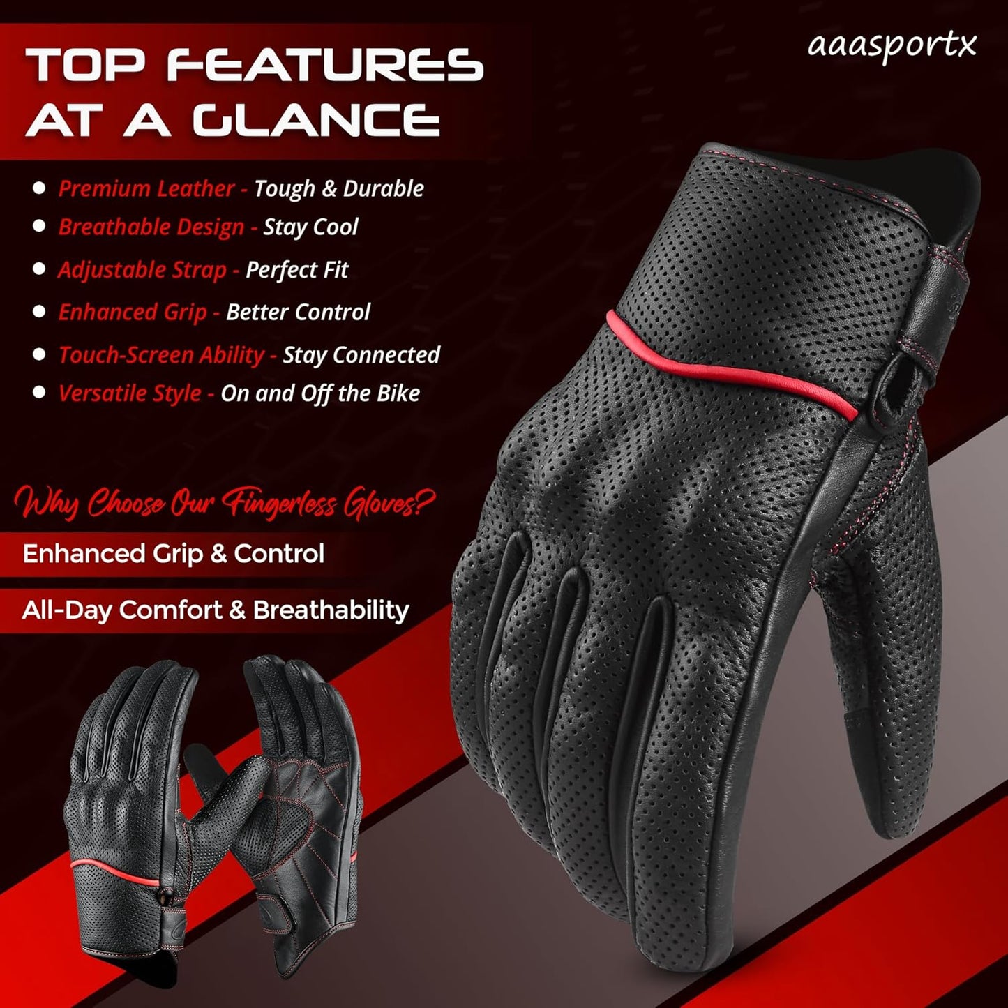 aasportx Motorcycle Gloves - Men's Leather Motorbike Gloves with Touchscreen Function - Non-Slip Pads for Men & Women