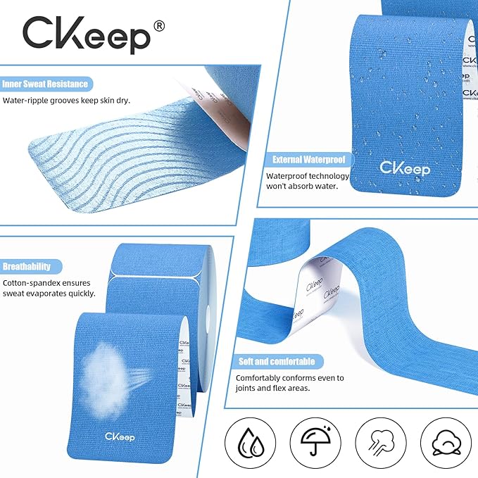 CKeep 4 Rolls Kinesiology Tape, Original Cotton Elastic Athletic Tape, 20 Precut 10" Strips Each, Light Blue, Ideal for Muscle Support & Injury Prevention