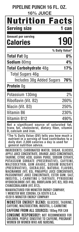 Monster Energy Juice Pipeline Punch, Energy + Juice, Energy Drink, 16 Ounce (Pack of 15)