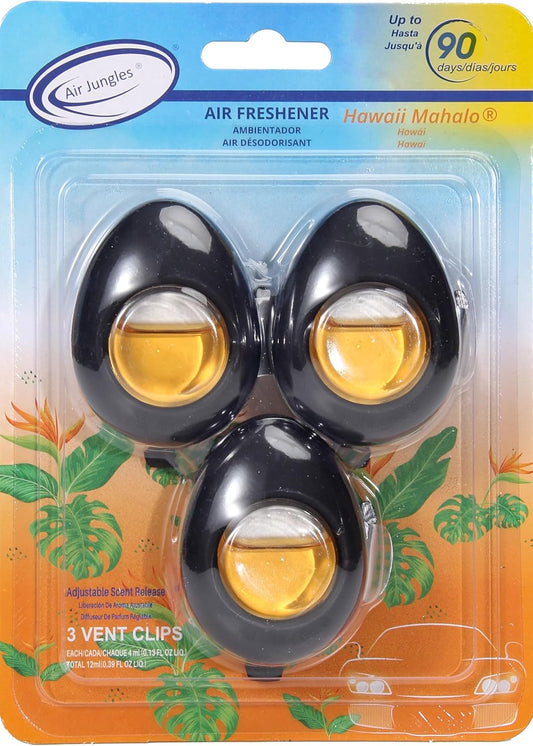 Air Jungles Car Air Freshener Vent Clip 3 Count, Hawaii Mahalo Scent, 4 ml Each, Long-Lasting Car Odor Eliminator, Easy Clip-On Design, Up to 90 Days Freshness for Cars, Trucks, and SUVs