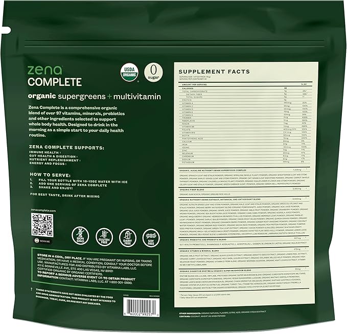 Zena Complete Organic Super Greens Powder & Multivitamin, 90+ Supergreens, Fruits, Veggies, 0 Sugar, 5G Fiber, Pre & Probiotics, Watermelon Citrus Flavor, 30 Packets