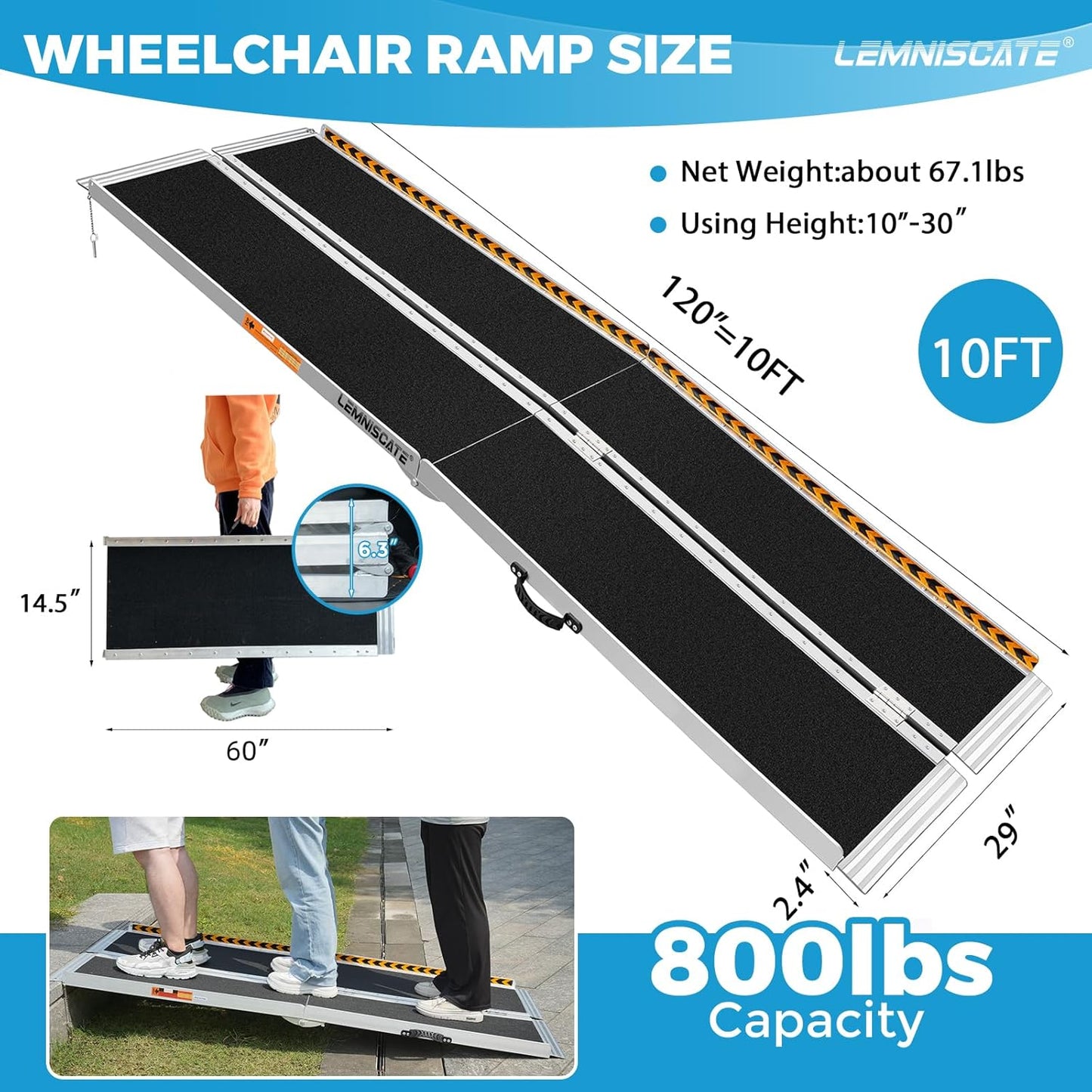 LEMNISCATE 10FT Wheelchair Ramp for Home Steps, 120" Lx29.2 W, Non-Skid Portable Handicap Ramps for Wheelchairs for Home Entry, Doorways, Shed, Stairs, Curbs, Walkers, Scooter, 800LBS Capacity