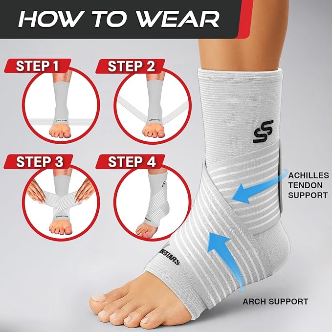 Sleeve Stars Ankle Brace for Women & Men, Ankle Wrap for Sprain, Compression Sleeve for Plantar Fasciitis Relief, Easy Customizable Support: w/ Removable Strap (Single/M:10"-12"/White)