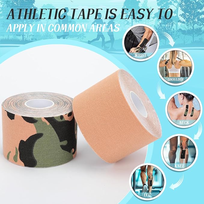 2 Rolls Kinesiology Tape, Waterproof Kinetic Tape 1.97 in x 16.4 ft, Uncut Cotton Elastic Athletic Strips for Knee, Shoulder, Ankle, Muscle Support (Complexion and Green Camouflage)