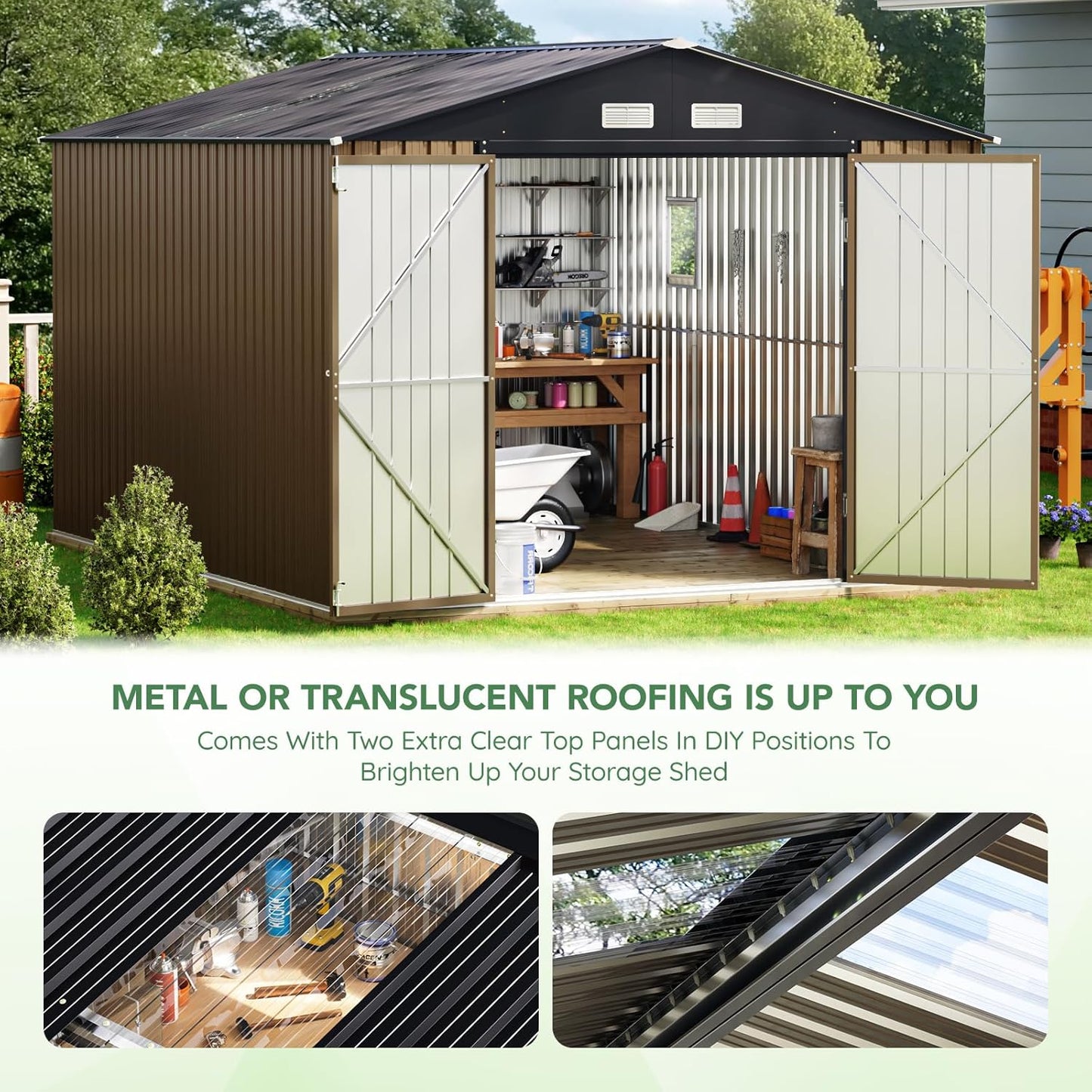 10X12X7.5 FT Outdoor Steel Storage Shed with Lockable Doors, 2 Windows, Transparent Roof Panels (Wood Panels & Frame Floor Not Included), Ideal for Patio Storage,Garbage Can, Chicken Coop，Brown