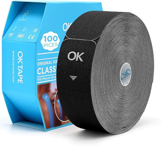 OK TAPE Kinesiology Tape Pre Cut Strips Bulk (100 PCS),Elastic Cotton Latex Free Hypoallergenic Athletic Tape Roll for Muscle Joint Knee,Waterproof k Tape 2in×10in/PCS