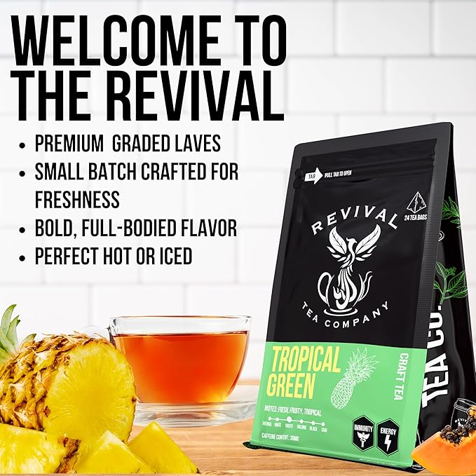 Revival Tea Company Tropical Green Tea - Green Tea Blend with Pineapple and Papaya Flavor - Loose Leaf 6 Ounces