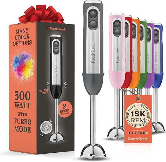 Powerful Immersion Blender, Electric Hand Blender 500 Watt with Turbo Mode, Detachable Base. Handheld Kitchen Blender Stick for Soup, Smoothie, Puree, Baby Food, 304 Stainless Steel Blades (Grey)