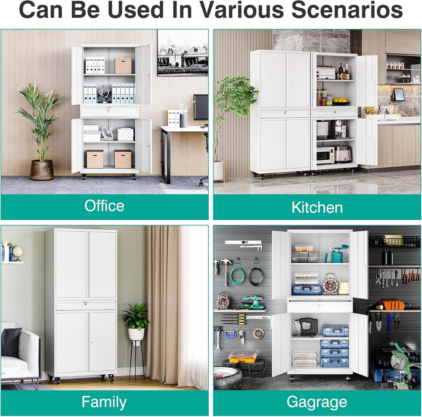 SISESOL White Metal Storage Cabinet with Wheels and Drawer,Rolling Garage Cabinet with Locking Doors and Adjustable Shelves,73" Mobile Tall Large Metal Cabinets for Home,Office,Garage,Shop