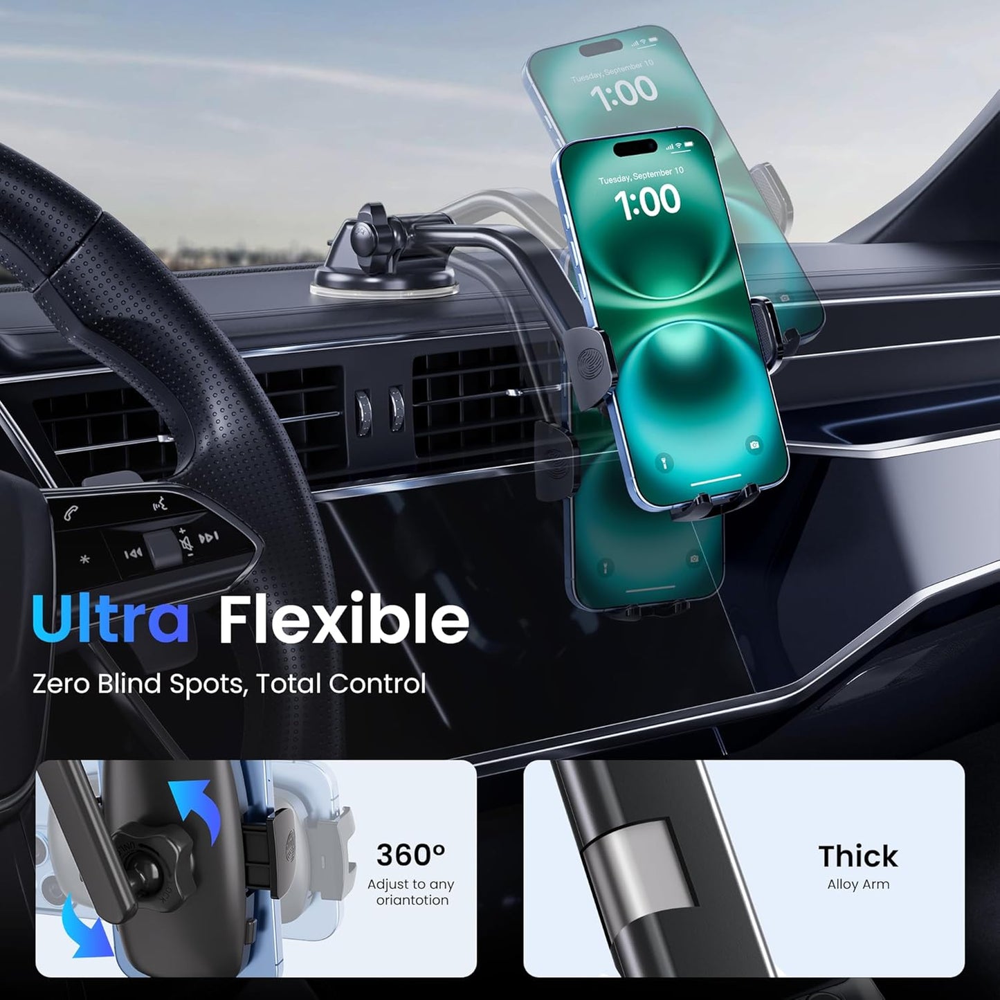 Car Phone Holder, Universal Phone Mount for Car Dashboard&Windshield&Air Vent,Super Suction Dash Cellphone Car Mount Stand for iPhone 16/15/14/13/12 Pro Max, Samsung & Android Smartphones