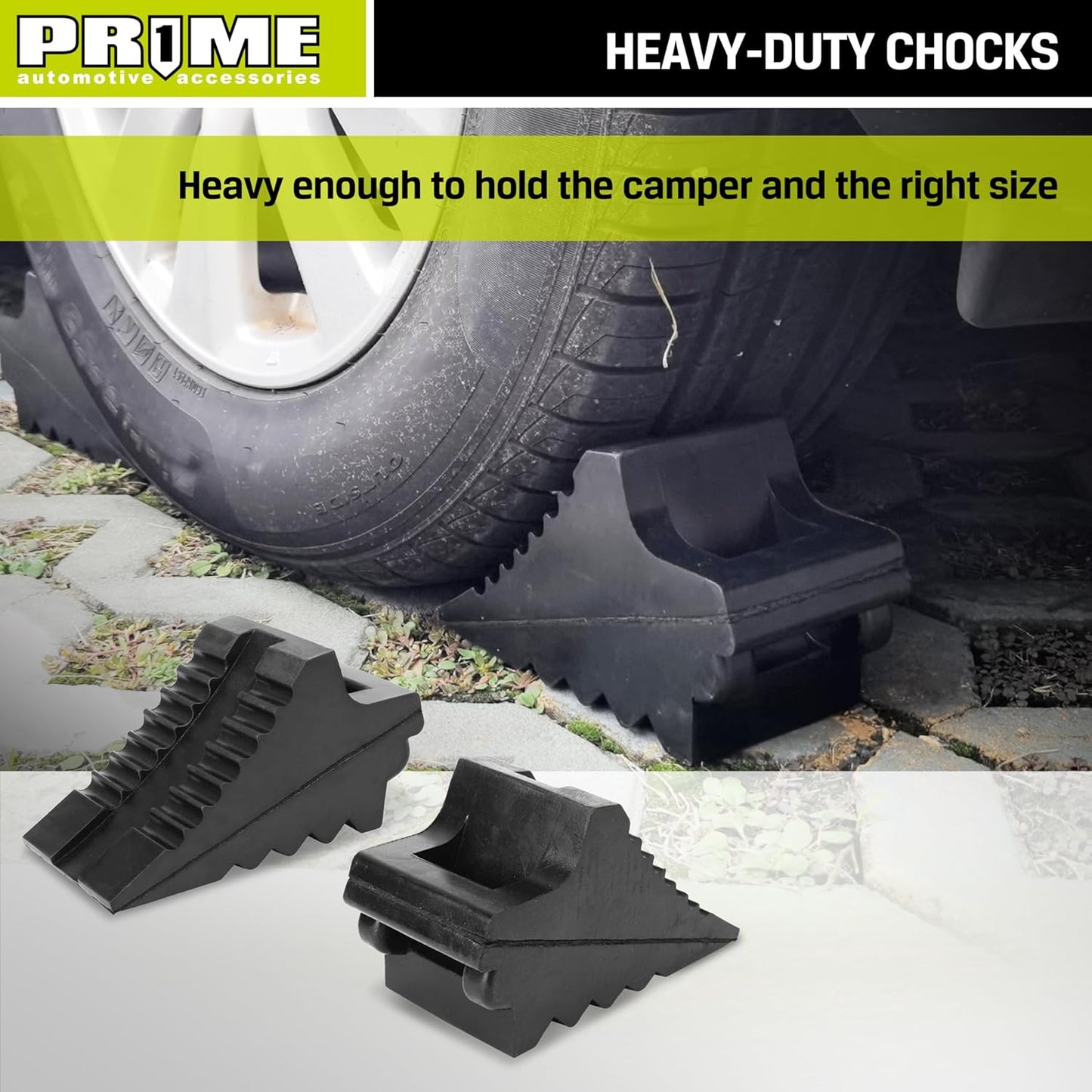 PR1ME Heavy Duty Rubber Wheel Chocks, Rubber Tire Blocks, RV Solid Rubber Wheel Wedge Blocks, 2 Pack Black 8.6" x 3.7" x 4.7", Carrying Handle, for Travel Trailer, Camper, RV, Truck