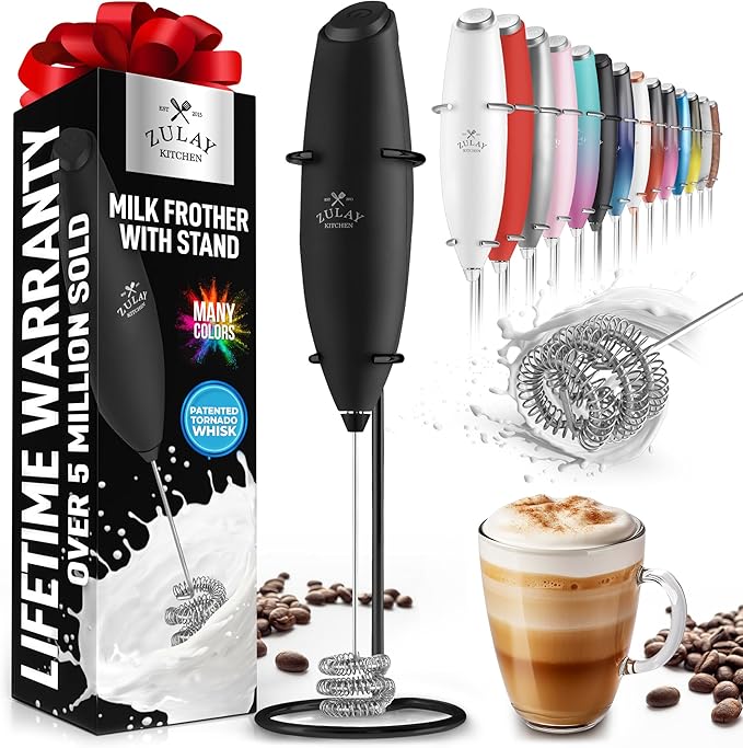 Zulay Kitchen Tornado Milk Frother Handheld Wand – Electric Coffee Frother with Triple Whisk & Stand – Hand Held Drink Mixer for Latte, Cappuccino, Matcha, Hot Chocolate, Protein Shakes – Black/Black