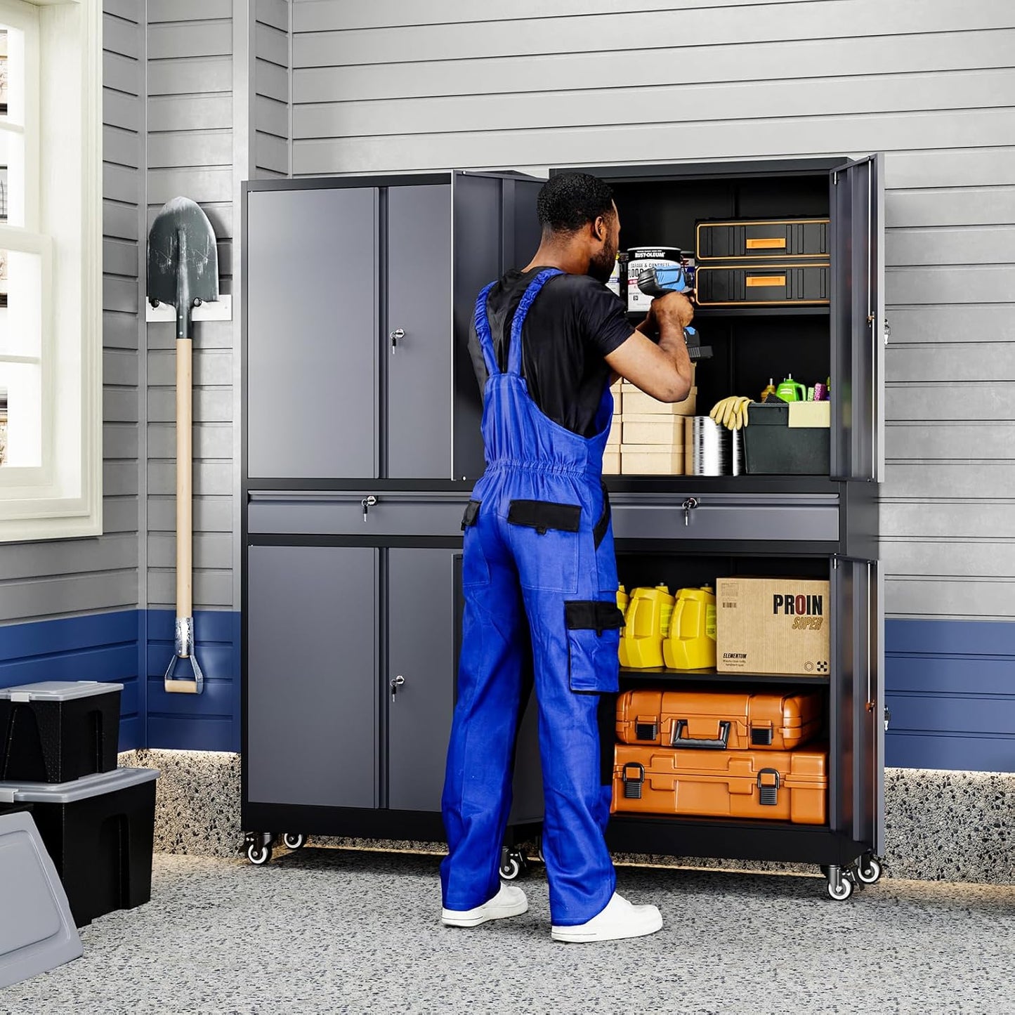 Yizosh Metal Garage Storage Cabinet with Locking Doors and Adjustable Shelves, -73" Steel Rolling Tool Storage Cabinet with 4 Wheels and 1 Drawer for Garage,Office,Warehouse