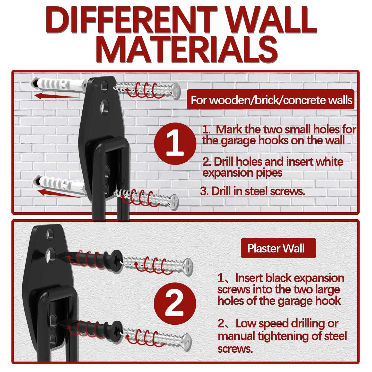 3-H Garage Wall Hooks 34 Pack, Garage Hooks Heavy Duty with Extra Welding Spots, Garage Organizer for Garden, Lawn, Chairs, Ladders, WeedEater, Shovel (Red)