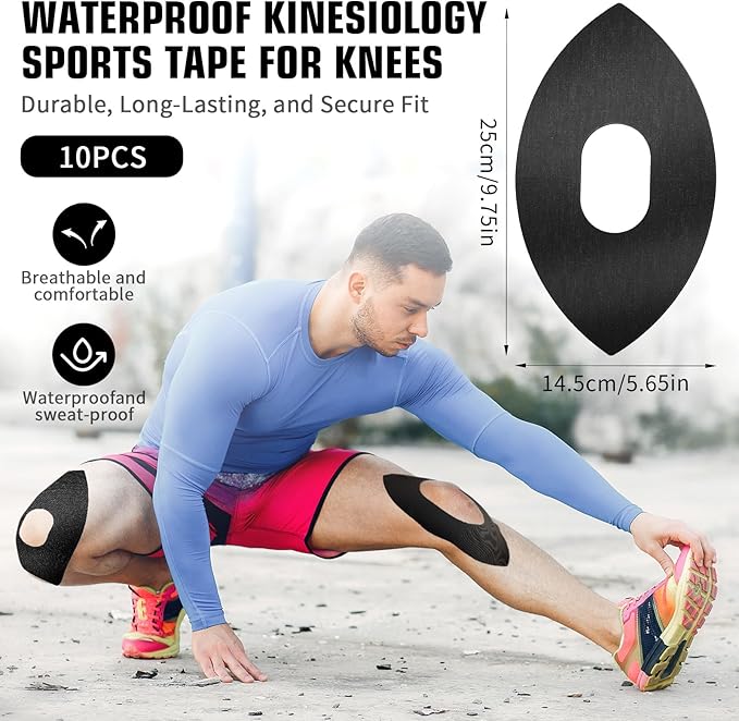 Kinesiology Kinetic Tape for Knee 10 Pcs Precut Kinesiology Sports Tapes for Knee Pain Relief Knees Support & Stability Upgrade Knees Bands Waterproof & Elastic Athletic Tape