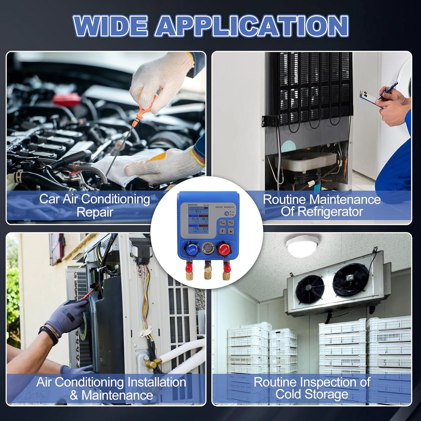 Digital Manifold Gauge Set, HVAC Pressure and Air Tightness Test Gauges, Refrigerant AC Gauges with 3 Hoses, for R22/R410A/R134A Refrigerant Recharge Kit