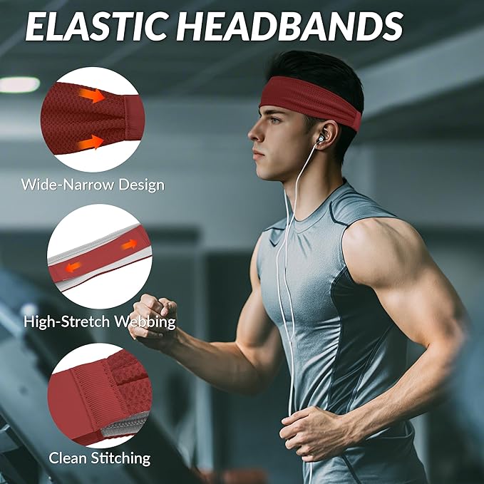 Sukeen Sports Headbands for Men, Moisture Wicking Sweat Bands Headbands Non-Slip, Breathable Elastic Sweatband, Running Headband for Yoga, Tennis, Fitness Workout