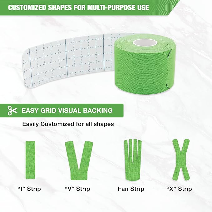 EVERLIT [4-Pack] Pre-Cut Elastic Cotton Kinesiology Therapeutic Athletic Sports Tape, for Pain Relief and Support, 80 Precut 10” Strips (Lime Green)