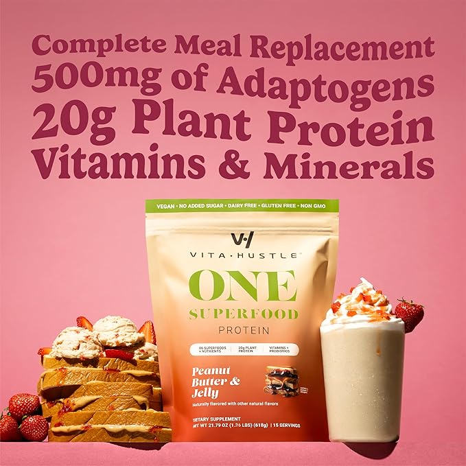 VitaHustle ONE Meal Replacement Shake - Plant Based Protein Powder by Kevin Hart - Vegan, Meal Replacement Powder with Superfoods, Vitamins, Adaptogens & Probiotics - Peanut Butter & Jelly Flavor, 15 Servings
