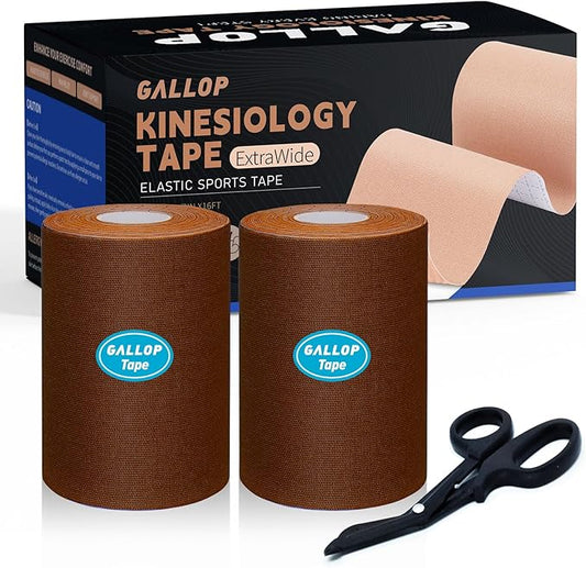 GALLOP Kinesiology Tape(2 Rolls) 4 inch Extra Wide, 16.4ft Each - Premium Elastic Muscle Support Tape (Brown（2 Roll + Bandage Scissors）)