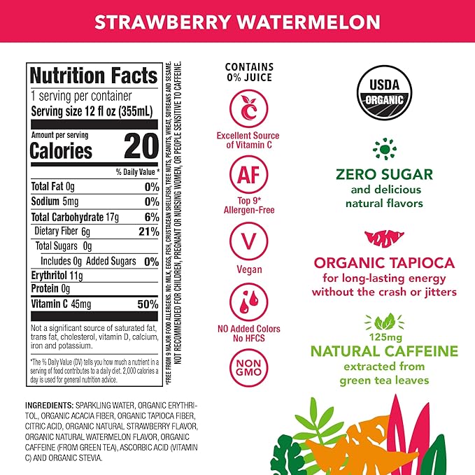 OCA ZERO Strawberry Watermelon, Organic energy drink, zero sugar, gluten-free, vegan plant-based, 12 Fl Oz (12-pack)