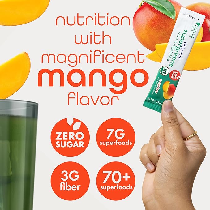 Zena Nutrition Organic Super Greens Powder, 70+ Superfoods, 0 Sugar, 3G Fiber, Spirulina, Chlorella, Antioxidants, Prebiotics/Probiotics, Digestive Enzymes, Mango, 30 Drink Mix Packets