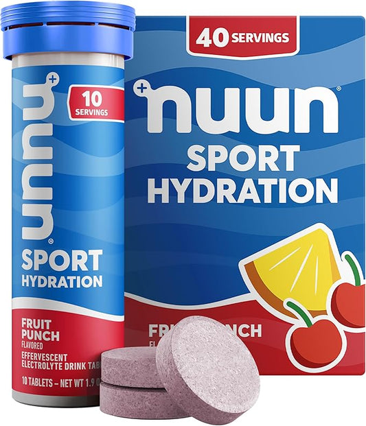 Nuun Sport Electrolyte Tablets with Magnesium, Calcium, Potassium, Chloride & Sodium, Gluten Free & Vegan, Fruit Punch, 4 Pack (40 Servings Total)
