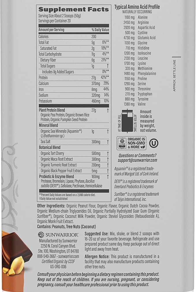Sunwarrior Organic Plant Based Protein Powder | Vegan Organic Protein Powder with BCAAs Plus Recovery Minerals & Botanicals | Non-GMO Soy Dairy & Gluten Free (Chocolate Peanut Butter, 20 Servings)