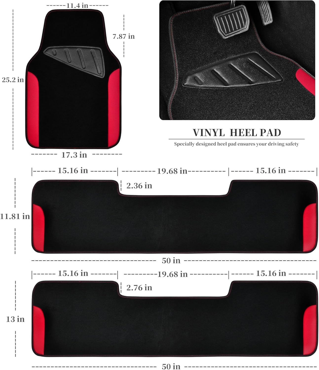 CAR PASS Waterproof Universal Faux Leather 3Row Car Floor Mats, Red Car Mats Fit for SUV,Vans,sedans, Trucks,Set of Vehicles Car Carpet with Driver Heel Pad and Anti-Slip Nibs Backing (Red 3Row)