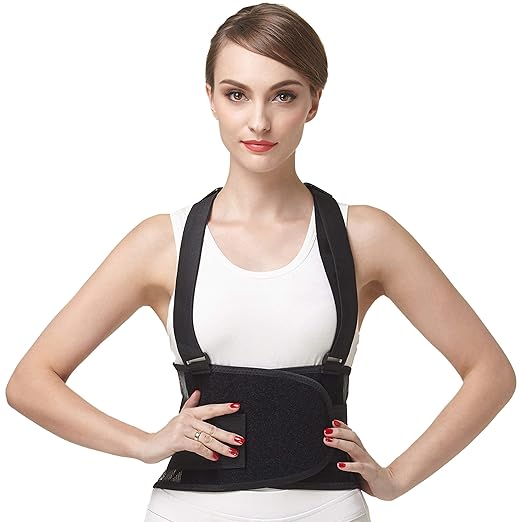 NeoTech Care Back Brace with Suspenders/Shoulder Straps - Light & Breathable - Lumbar Support Belt for Lower Back Pain - Posture, Work, Gym - Black Color (Size XL)