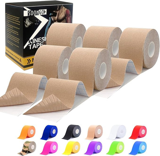 Kinesiology Tape Pro 5 Rolls, 2 Inch High Elasticity Sports Tape Therapeutic Pain Relief–Physio Tape for Muscle Recovery & Joint Support, Waterproof & Hypoallergenic & Breathable–Beige