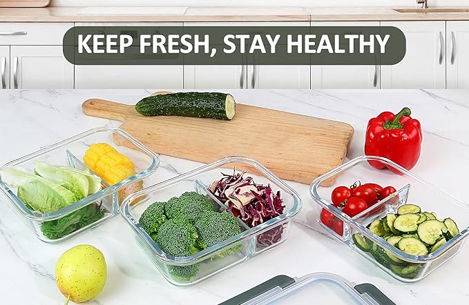 [5-Pack,36 Oz]Glass Meal Prep Containers 2 Compartments Portion Control with Upgraded Snap Locking Lids Glass Food Storage Containers, Microwave, Oven, Freezer and Dishwasher (4.5 Cups)