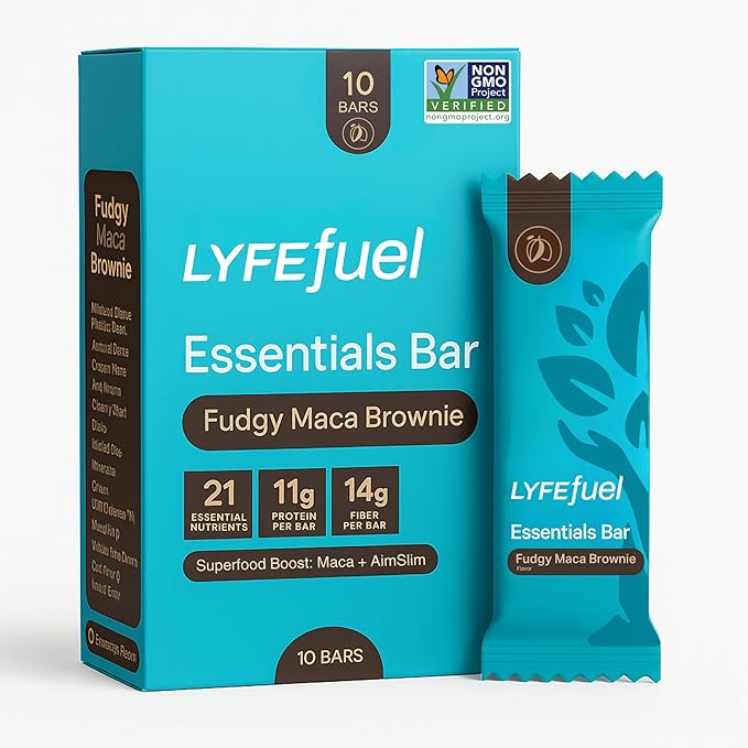 Meal Replacement Bar by LyfeFuel - Vegan Protein Bar Packed with Organic Superfoods, Fiber & 21 Essential Nutrients from 100% Plant Based Whole Foods (Fudgy Brownie - Box of 10) Gluten Free, Paleo