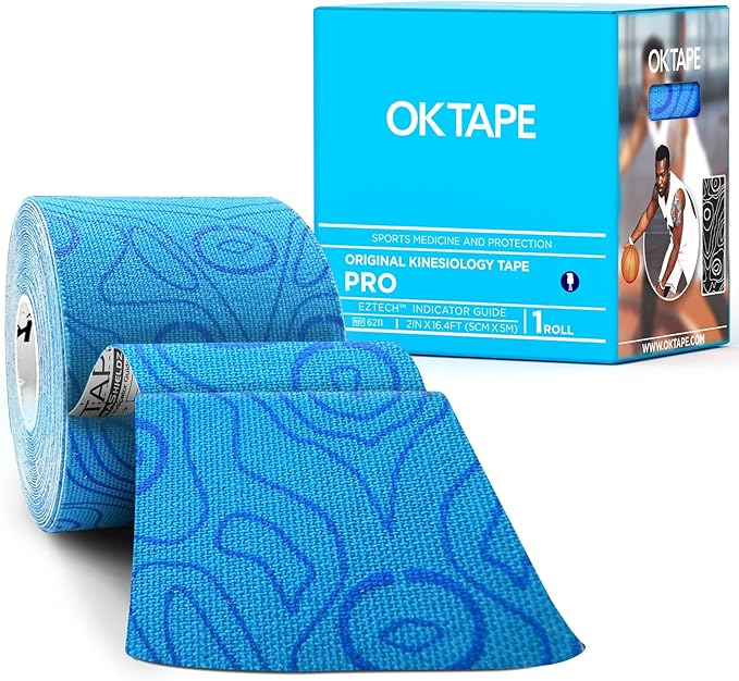 OK TAPE PRO Kinesiology Tape Uncut Roll, Elastic Physical Therapy Athletic Tape for Pain Relief, Muscle Support, Kinetic Tape, Water Resistant, 2in X 16.4ft -Blue