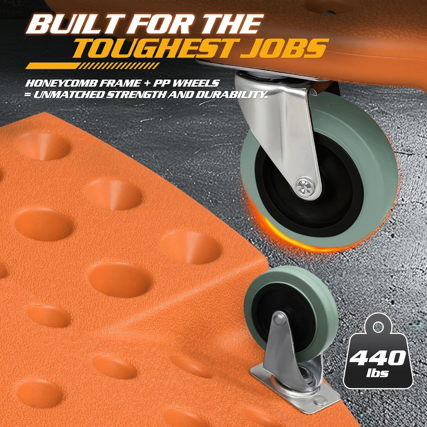 Magshion Mechanic Creeper with Padded Headrest & Tool Trays – 440 lbs Capacity, Rolling Garage Creeper with 6 Swivel Wheels, Lightweight & Portable Under Car Creeper for Auto Repair (Orange)