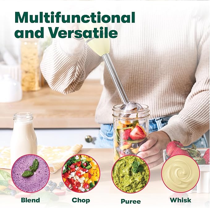 BELLA Immersion Blender, Portable Mixer and Emulsifier with Whisk Attachment, 2 Speed, Electric Handheld Juicer, Shakes, Baby Food and Smoothie Maker, Stainless Steel, BPA Free, 250 Watt, Yellow