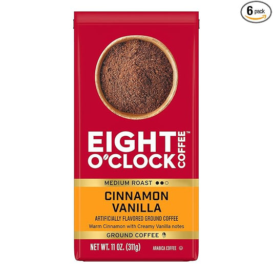 Eight O' Clock Coffee Cinnamon Vanilla, 11 Ounce (Pack of 6), Medium Roast Ground Coffee, 100% Arabica, Creamy, Smooth, Vanilla,