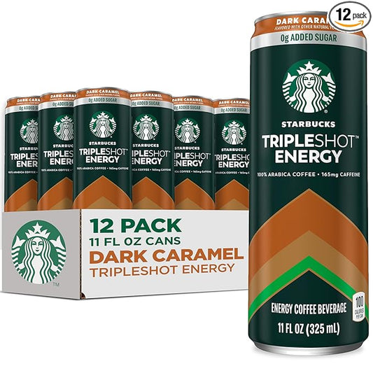 Starbucks Tripleshot Coffee Energy Drink, Dark Caramel, 11 fl oz Cans (12 Pack), Triple Blend, 165mg Caffeine, B Vitamins, Protein, Iced Coffee (Packaging and Formula May Vary)