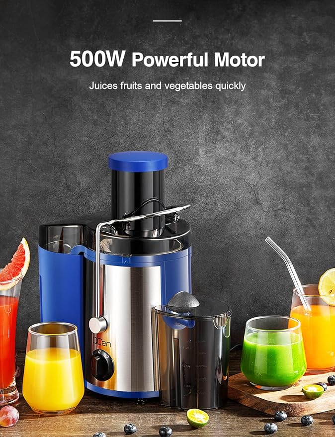 Qcen Juicer Machine, 500W Centrifugal Juicer Extractor with Wide Mouth 3” Feed Chute for Fruit Vegetable, Easy to Clean, Stainless Steel, BPA-free(Blue)