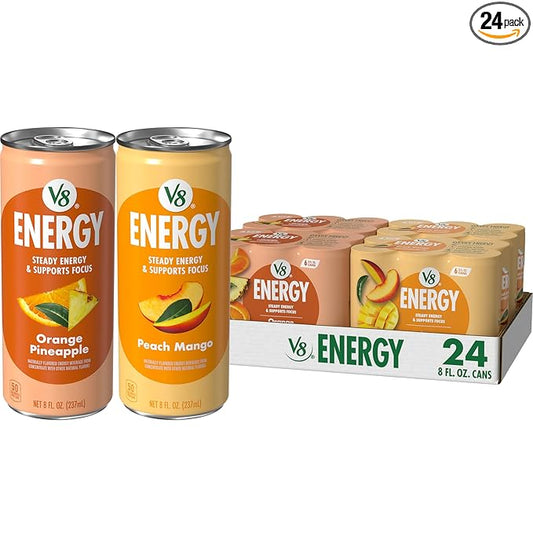 V8 Energy Peach Mango and Orange Pineapple Energy Drinks, 8 fl oz Can (24 Pack)