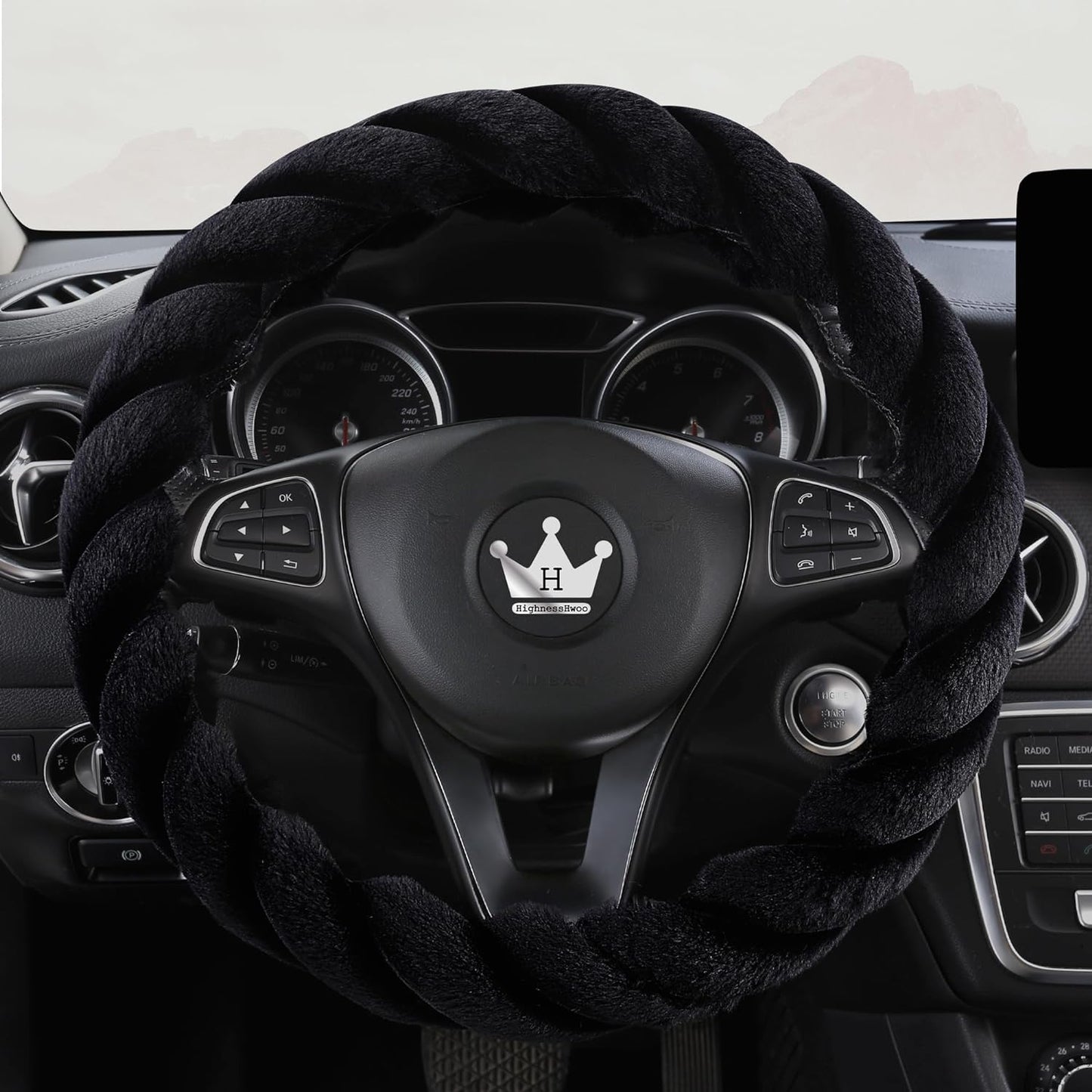 Luxury Fluffy Winter Car Steering Wheel Cover for Women Soft Warm Cute Auto Handle Cover for Jeep, Truck, Van, F150, Fuzzy, Anti Slip, Black, Large Size, 15.2-16in