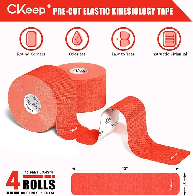 CKeep 4 Rolls Kinesiology Tape, Original Cotton Elastic Athletic Tape, 20 Precut 10" Strips Each, Red, Ideal for Muscle Support & Injury Prevention