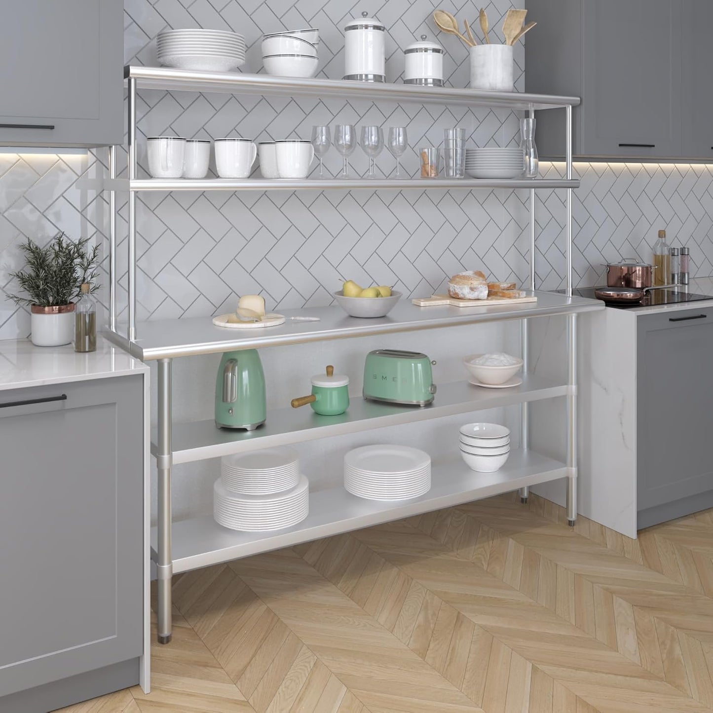 Amgood Stainless Steel Work Table with 2 Shelves | Metal Kitchen Prep Table & Shelving Combo (18" x 72" Table with 2 Shelves + 12" Overshelf)