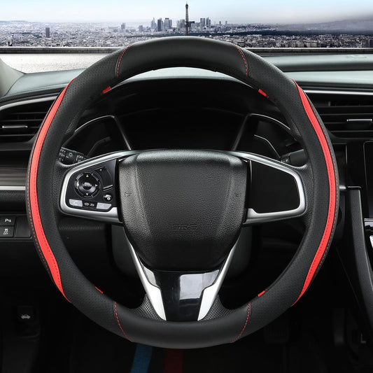 Car Steering Wheel Cover, Leather Steering Wheel Cover Red Universal 14.5-15 Inch Microfiber Leather Anti-Slip Breathable Auto Steering Wheel Covers for Men Women (Black&Red)