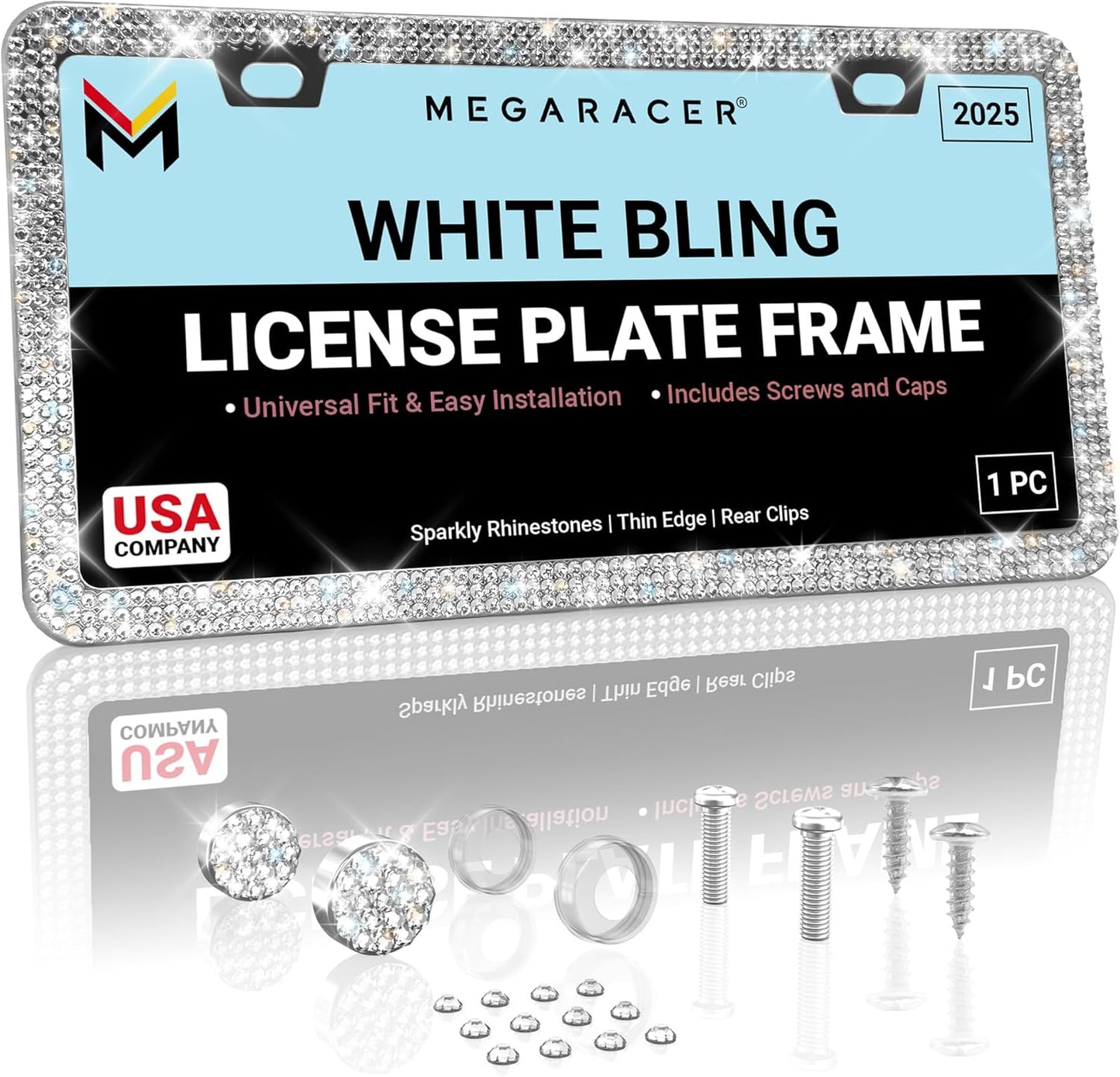 Dazzling Bling License Plate Frame for Women - 1 Pack, 800 Premium Rhinestones, Rust-Free Stainless Steel, Street Legal Slim Design, Sparkly Diamond Car Tag Holder with Glitter Crystal Screw Covers