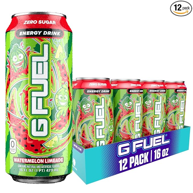 G Fuel Energy Drink, Watermelon, Sugar Free Beverage with 300mg Caffeine, Daily Energy Boost with Focus Amino, Vitamin + Antioxidants, 16 oz Cans (Watermelon Limeade, 12-Pack)