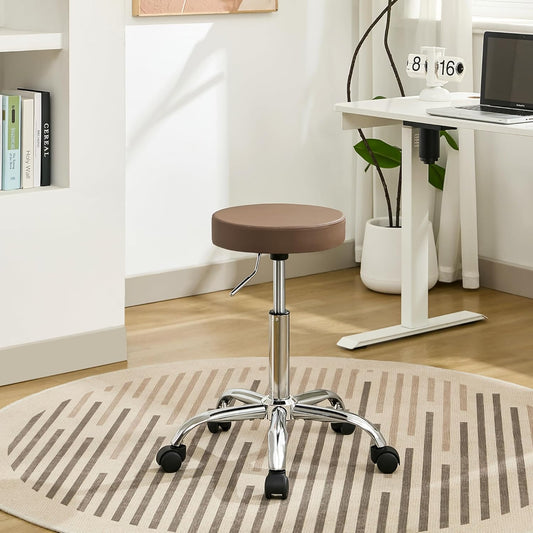 Adjustable Office Stool with Wheels 19.5’’-26.6’’, Brown Thick Cushion Backless Rolling Chair (Coffee Brown)