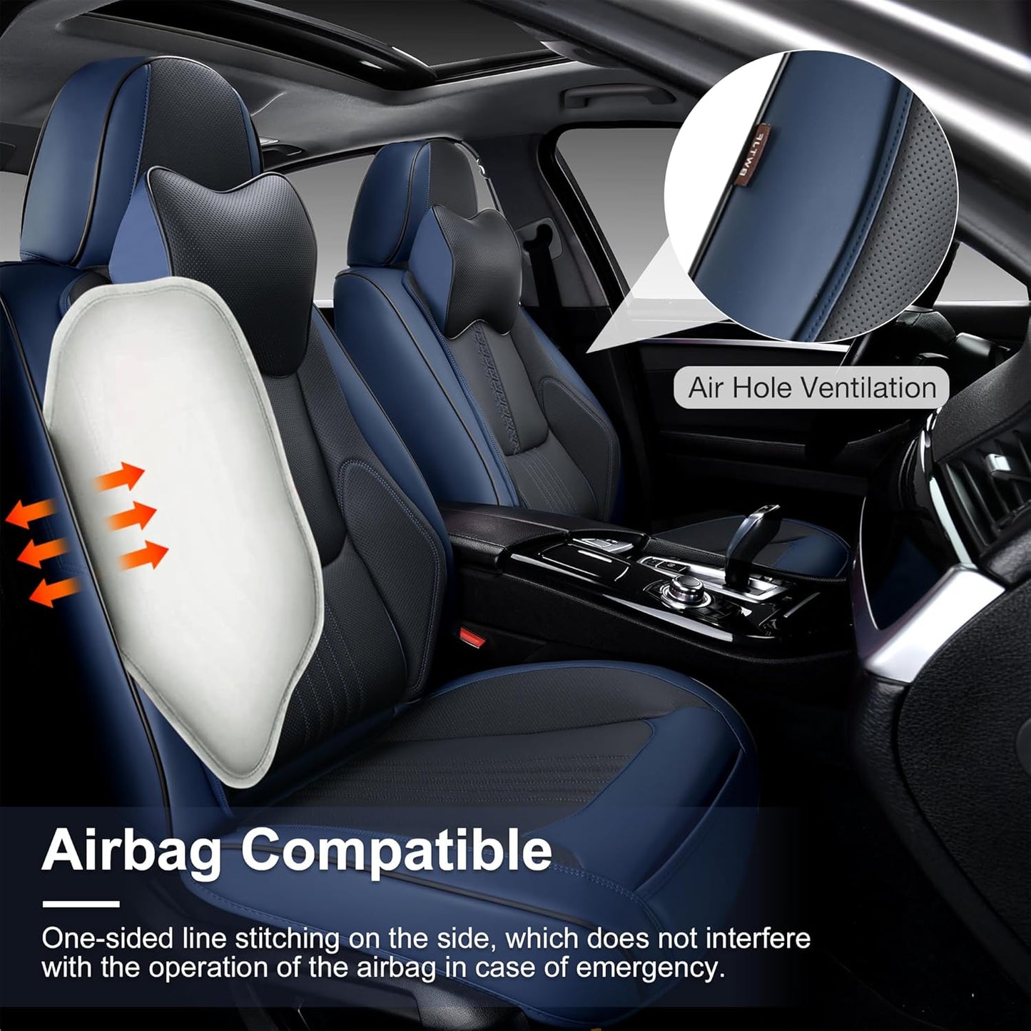 Car Seat Covers Full Set, Front and Rear Seat Covers for Cars, Waterproof Leather Auto Seat Protectors with Head Pillow, Car Seat Cushions Fit for Most Sedans SUV Pick-up Truck, Black&Navy