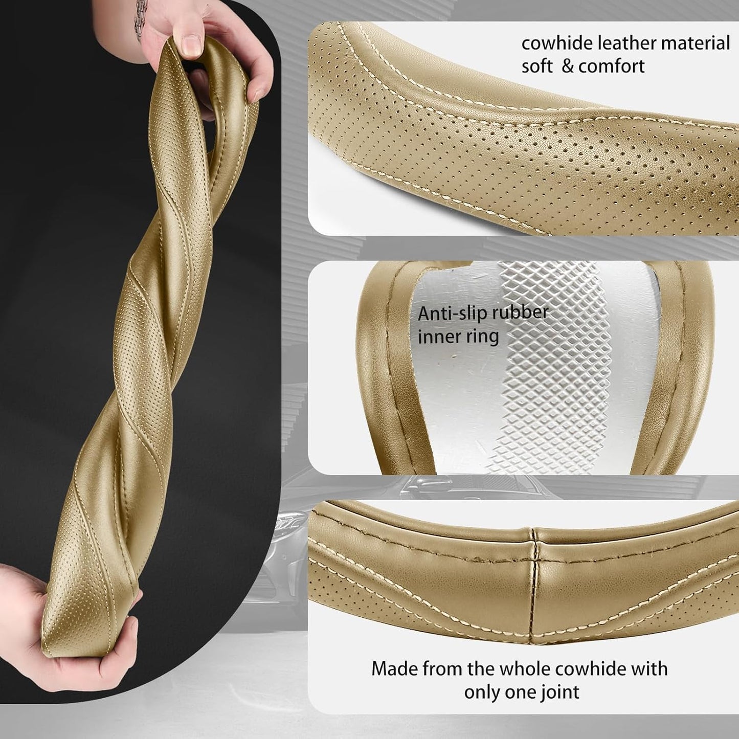 High-Grade Beige Genuine Leather Steering Wheel Cover for Men Women，Real Cowhide Leather Steering Wheel Cover for Cars,Universal 14.5-15 inch Steering Wheels